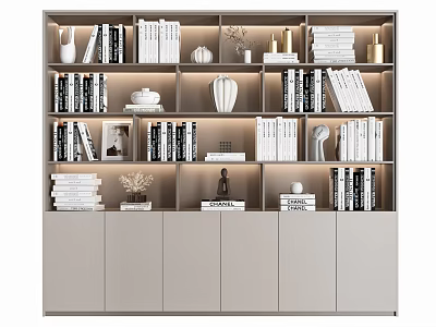 Modern Bookcase Interior Design With Layered Shelves Books Decorative Items Built-in Lighting And Cabinets 3d model