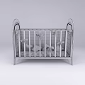 White Baby Crib With Curved Headboard And Decorative Fabric Strips On Mattress