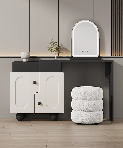 Minimalist Dressing Table With White Black Cabinet Mirror Plant And Furry Stool 3d model