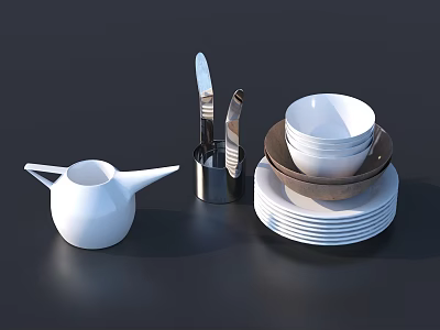 Modern Dinnerware Set With White Pitcher Silver Cutlery Stacked Bowls And Plates 3d model