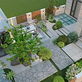 Beautiful Courtyard Garden With Wooden Fence Lawn Table Chairs Plants Fountain And Glass Floor