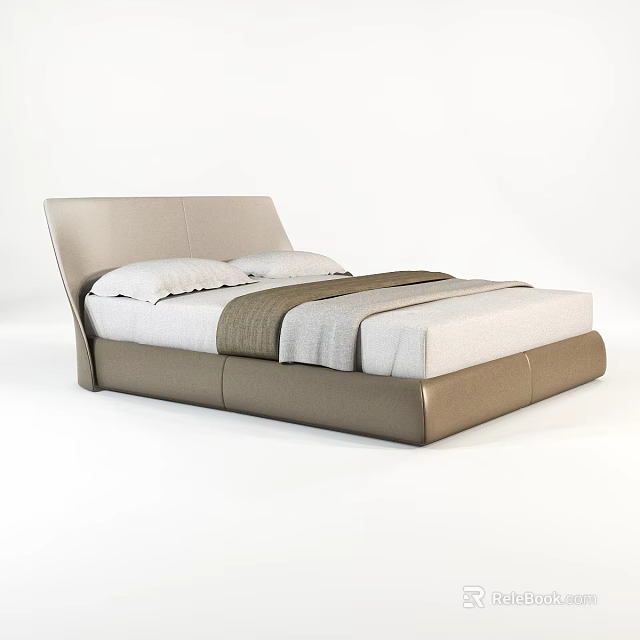 Modern Upholstered Double Bed With Beige Headboard White Sheets And Gray Blankets 3d model