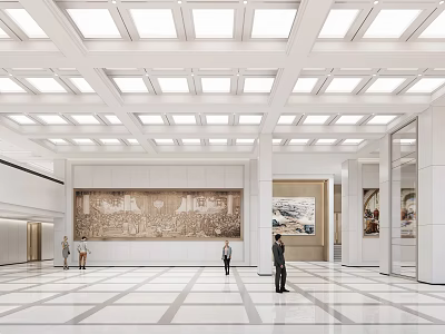Modern Reception Desk in Spacious Bright Lobby Featuring Marble Flooring Mural and Ceiling Lighting 3d model