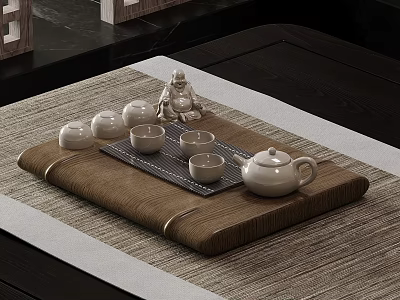 Traditional Tea Tray Setup With Teapot Teacups And Buddha Statue On Mat 3d model