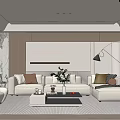 Modern Elegant Living Room Interior With Light Colored Sofa Wooden Elements And Marble Accent Wall