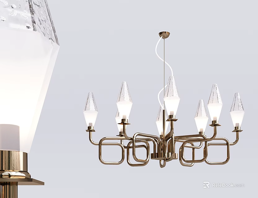 Modern Gold Metal Chandelier With Conical Glass Shades And Multiple Arms 3d model 
