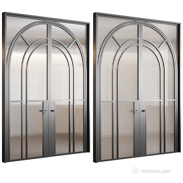 Modern Arched Double Doors With Textured Glass Panels And Metal Frames 3d model 