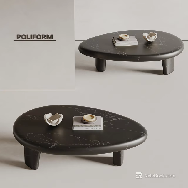Modern Black Marble Coffee Table With Unique Oval Shape And Decorative Items On Top 3d model