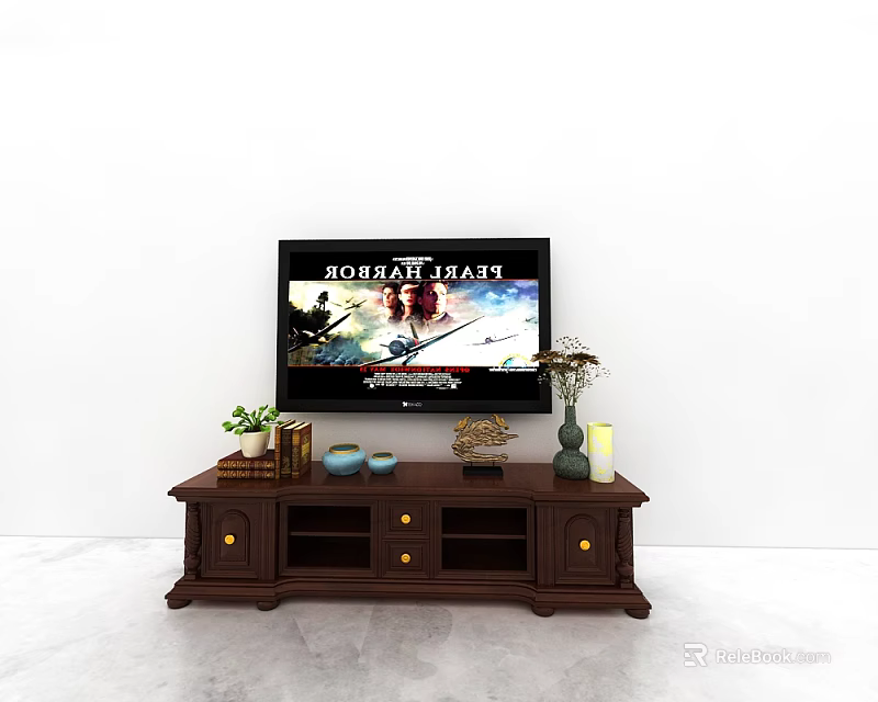 Dark Wood TV Stand With TV Potted Plant Decorative Items And Candles 3d model 