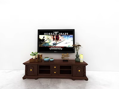Dark Wood TV Stand With TV Potted Plant Decorative Items And Candles 3d model