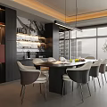 Modern Restaurant Interior With Dining Table Chairs Pendant Lights Wine Rack And Large Windows