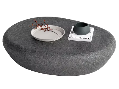 Oval Grey Coffee Table With White Tray Red Twigs Black Bowl And Book 3d model