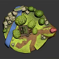 Enchanting Tree House Building on Floating Island with Trees Stream Path Pink Mushroom and Animals