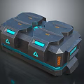 Sci-Fi Weapon with Blue Illuminated Parts Orange Triangles Hexagonal Sections and Dark Futuristic Design