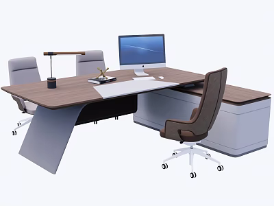 Modern Office Desk With Wooden Top Computer Monitor Desk Lamp And Office Chair 3d model