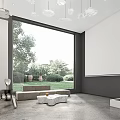 Modern Exhibition Hall Corridor With White Walls Glass Doors Gray Floor And Blue Sculpture