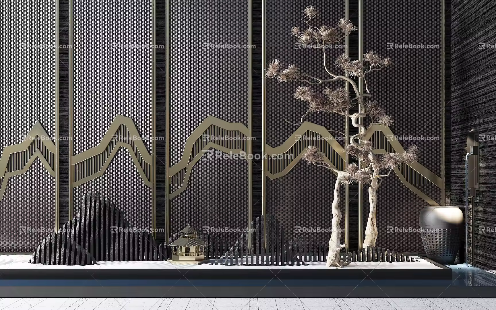 New Chinese style landscape sketch rockery screen dead tree combination 3d model