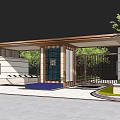 Modern Entrance Gate Design With Wooden Portico Decorative Grille And Green Plants