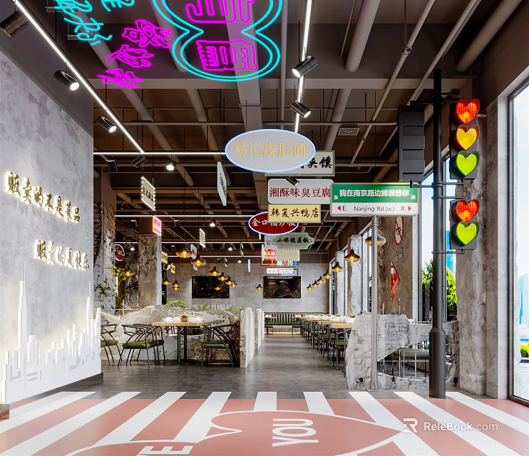 Industrial Style Restaurant With Neon Signs Chinese English Signs And Red White Striped Floor 3d model 