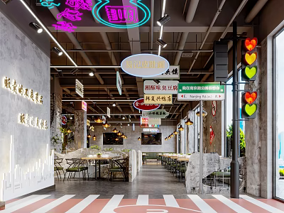Industrial Style Restaurant With Neon Signs Chinese English Signs And Red White Striped Floor 3d model