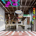 Industrial Style Restaurant With Neon Signs Chinese English Signs And Red White Striped Floor