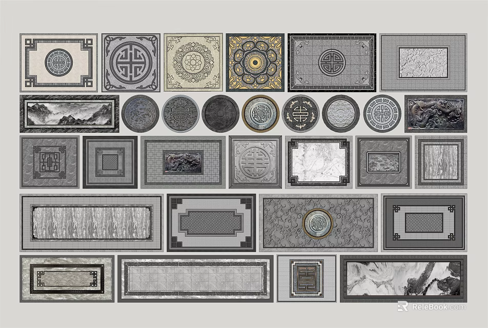 Various Design Floor Tiles with Traditional Patterns Geometric Shapes and Landscape Prints 3d model 