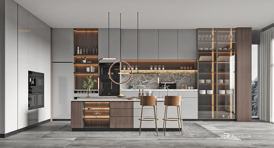 Modern Kitchen Interior Design With Marble Island Cabinets And Hanging Pendant Lights 3d model 