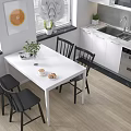 Modern White Kitchen Interior With White Cabinets Dining Table And Pendant Light 3d model