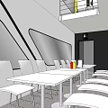 Modern Lounge Area With White Tables Chairs Ceiling Lights And Decorative Wall 3d model