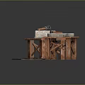 Rustic Wooden Workbench Furniture With Carpentry Tools And Stone Floor Tiles