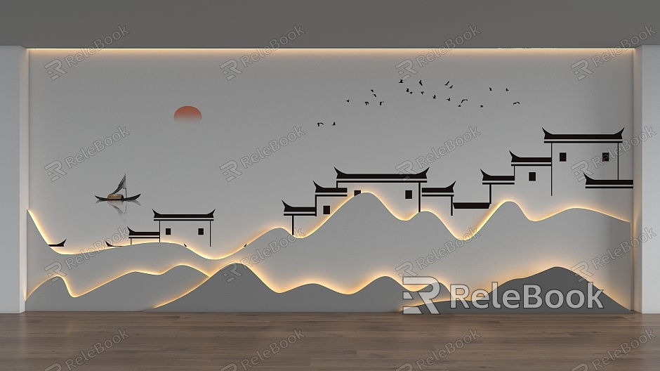 New Chinese Landscape Background Wall Living Room Background Wall Sofa Background Wall Ink Landscape Painting Background Wall Wave Line Background Wave Background Wall model