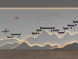 New Chinese Landscape Background Wall Living Room Background Wall Sofa Background Wall Ink Landscape Painting Background Wall Wave Line Background Wave Background Wall 3d model