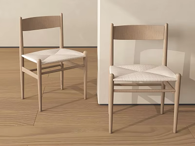 Minimalist Wooden Dining Chairs With White Woven Seats And Light Wall Background 3d model