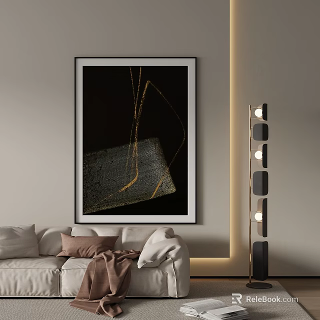 Abstract Painting With Gold Lines On Black Background In Modern Living Room Decor 3d model 