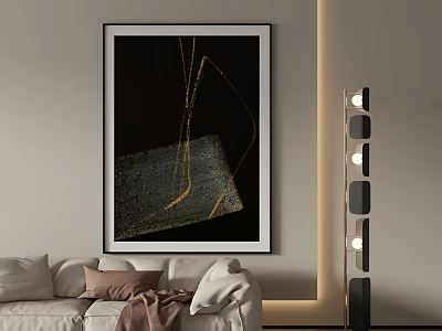 Abstract Painting With Gold Lines On Black Background In Modern Living Room Decor 3d model