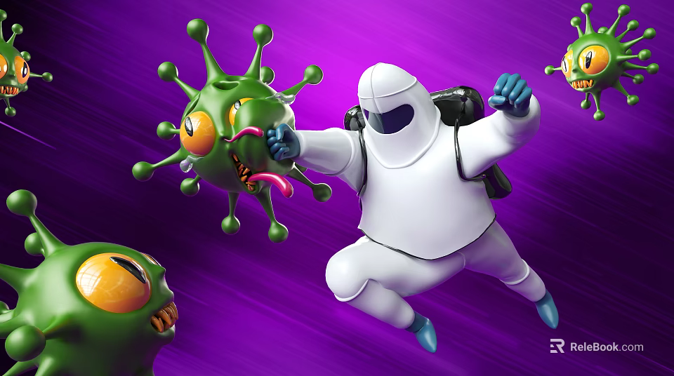 Cartoon Scene of Hero in White Protective Suit Jumping Punching Green Virus on Purple Background 3d model 
