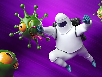Cartoon Scene of Hero in White Protective Suit Jumping Punching Green Virus on Purple Background 3d model