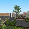 Modern Outdoor Garden Landscape With Wooden Fence Stone Wall Deck Steps And Dining Area