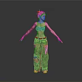 3D Female Character Model With Red Hair Crop Top Tattoos Cargo Pants And White Shoes