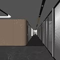 Modern Office Corridor Design With Dark Wall Panels Marble Flooring And Glass Partitions