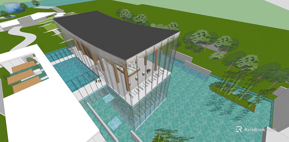 Modern Sales Office Building with Glass Curtain Wall and Water Feature Surrounded by Greenery 3d model 