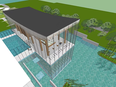 Modern Sales Office Building with Glass Curtain Wall and Water Feature Surrounded by Greenery 3d model