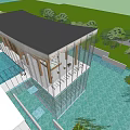 Modern Sales Office Building with Glass Curtain Wall and Water Feature Surrounded by Greenery