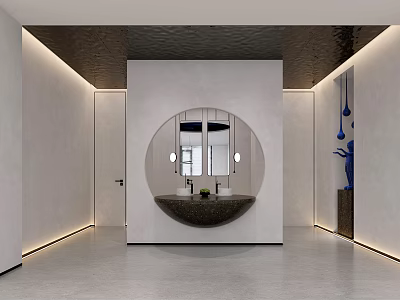 Modern Public Restroom Interior Design With Circular Mirror Washbasin And Ambient Lighting 3d model