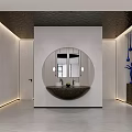 Modern Public Restroom Interior Design With Circular Mirror Washbasin And Ambient Lighting