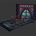Cartoon Castle Gate Scene With Blue Stained Glass And Red Rope Barriers