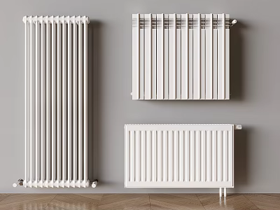Modern White Vertical and Horizontal Radiators on Gray Wall with Wooden Floor 3d model