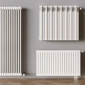 Modern White Vertical and Horizontal Radiators on Gray Wall with Wooden Floor