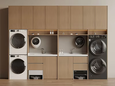 Modern Laundry Room Design With Built In Washer Dryer And Wooden Cabinetry 3d model