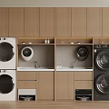 Modern Laundry Room Design With Built In Washer Dryer And Wooden Cabinetry